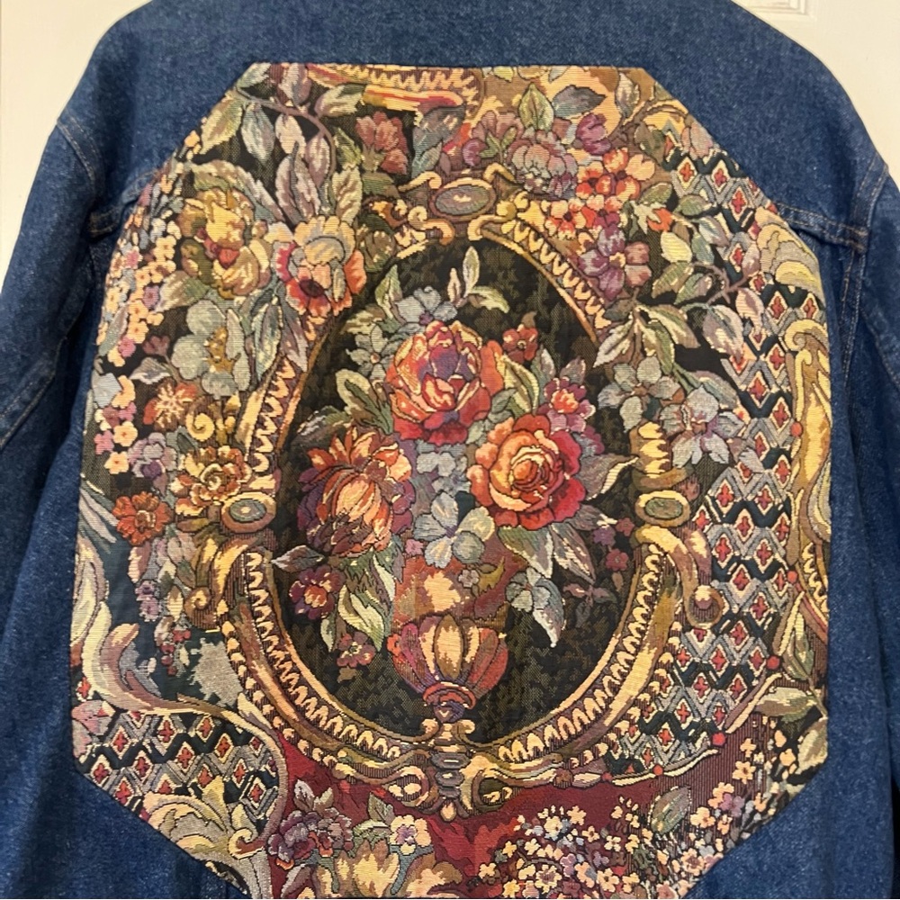 Vintage 80s 90s Denim Jacket Floral Tapestry Patch Back Western Jean Women’s M - Picture 2 of 13